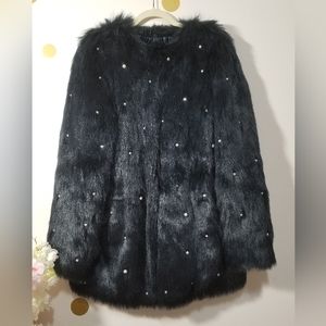 L'Eclipse Navy Blue Vegan Faux FUR Pearl Design Fashion Coat L/XL NEW